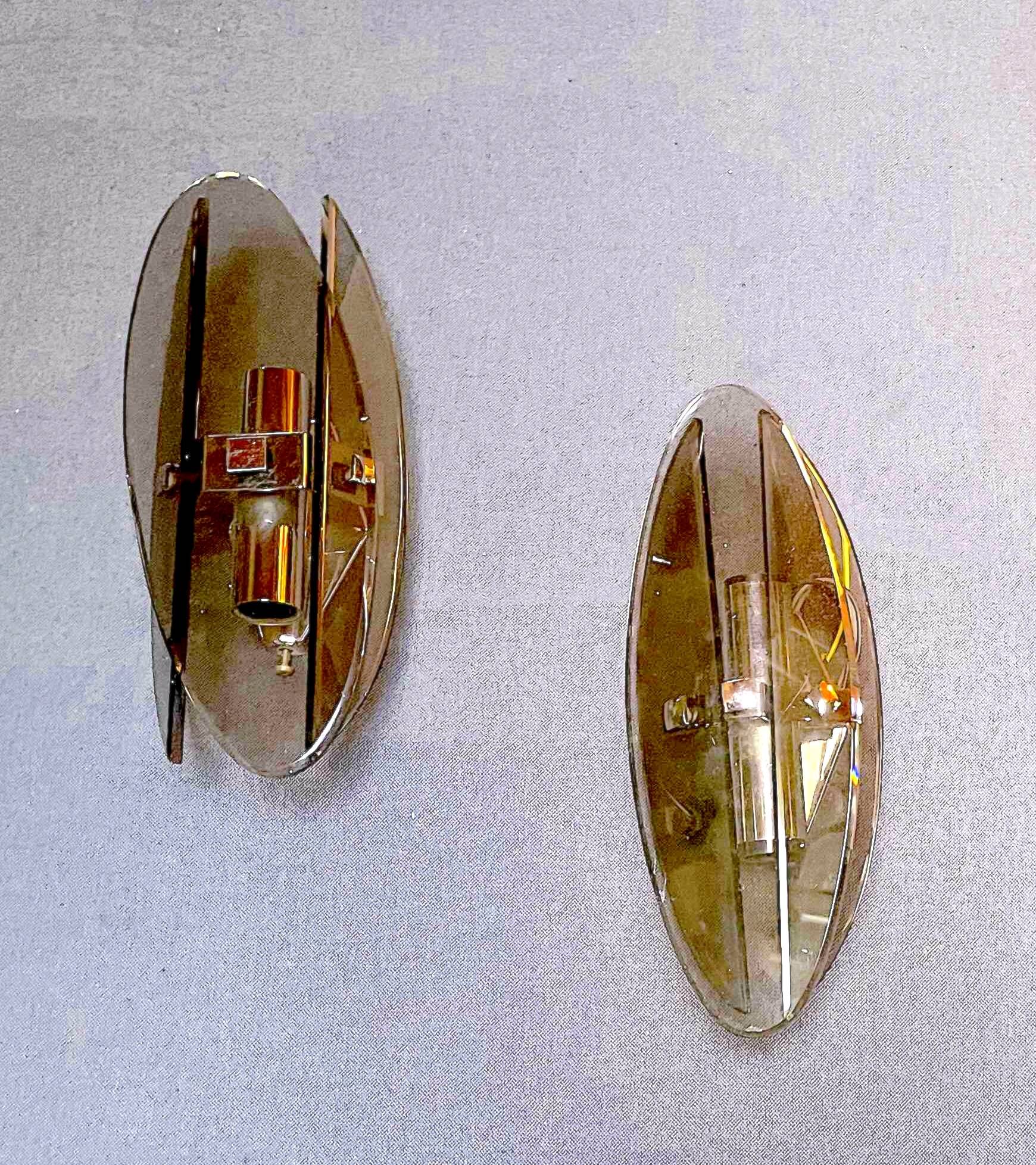 Veca, Pair of smoked glass and chrome wall lights, Italy 1970s