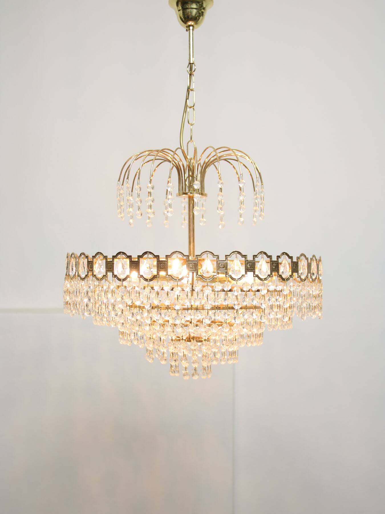 Vintage Italian Crystal and Golden Metal Chandelier, 80s
