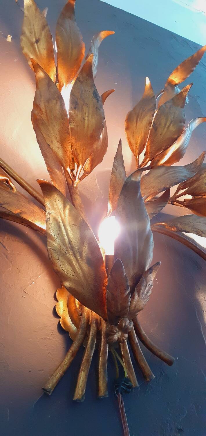 Monumental Vintage Wall Lamp with Golden Leaf Decor by Hans Kögl, 1960s