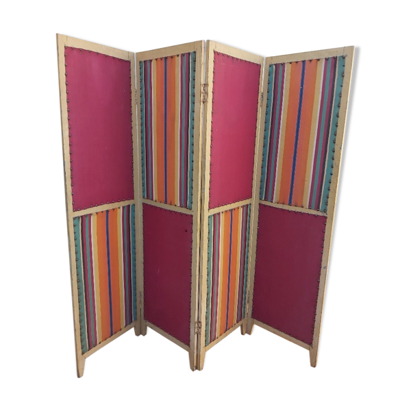 Paravent ancien 4 feuilles bois et tissu
