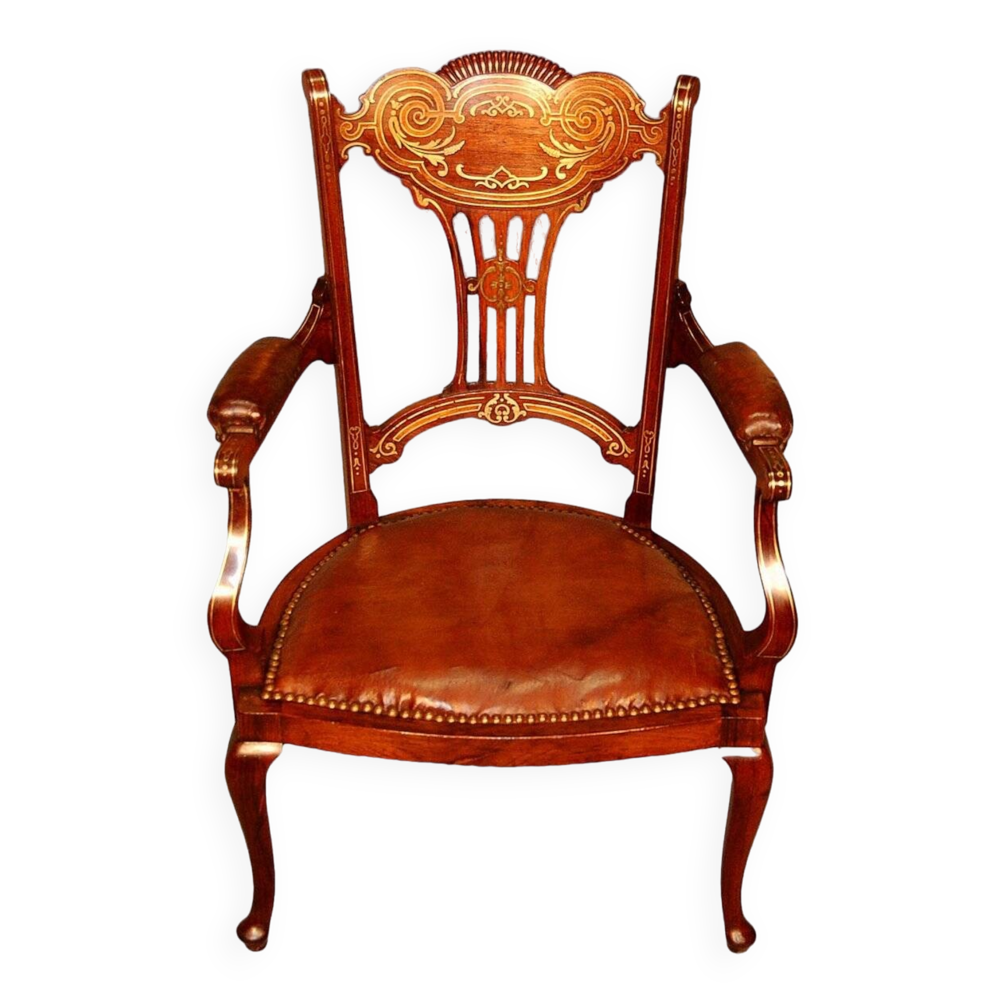 19th century armchair in leather and rosewood inlaid with brass and rosewood