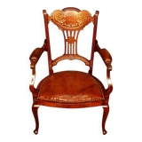 19th century armchair in leather and rosewood inlaid with brass and rosewood