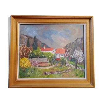 Oil on cardboard painting "Printemps à la Vierge Noire" signed Louis Combalot