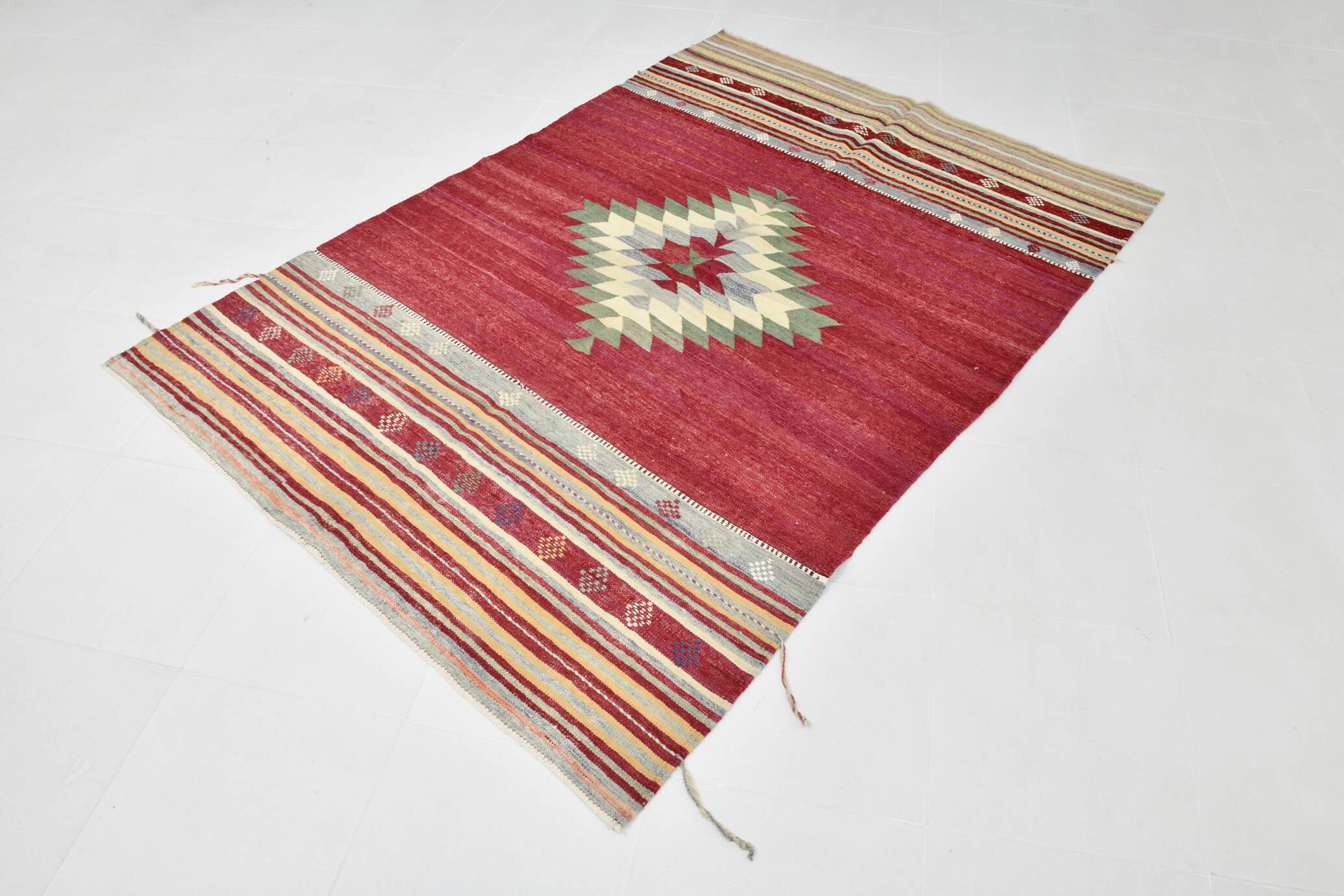 Wine Red & Green Turkish Kilim Rug, 156x224Cm