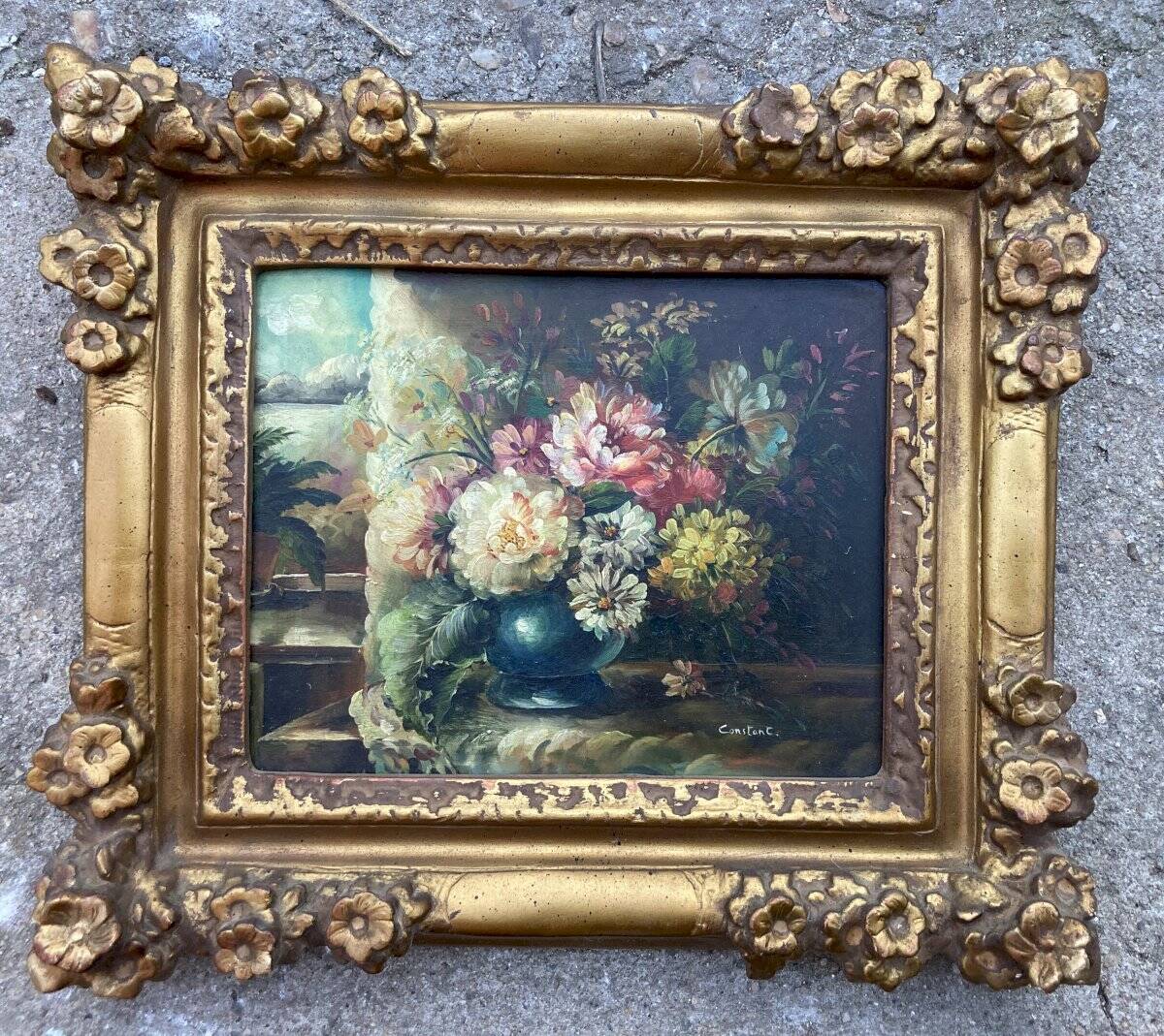 Old painting Still Life with Flowers Golden frame with relief flower decoration
