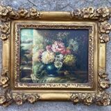 Old painting Still Life with Flowers Golden frame with relief flower decoration