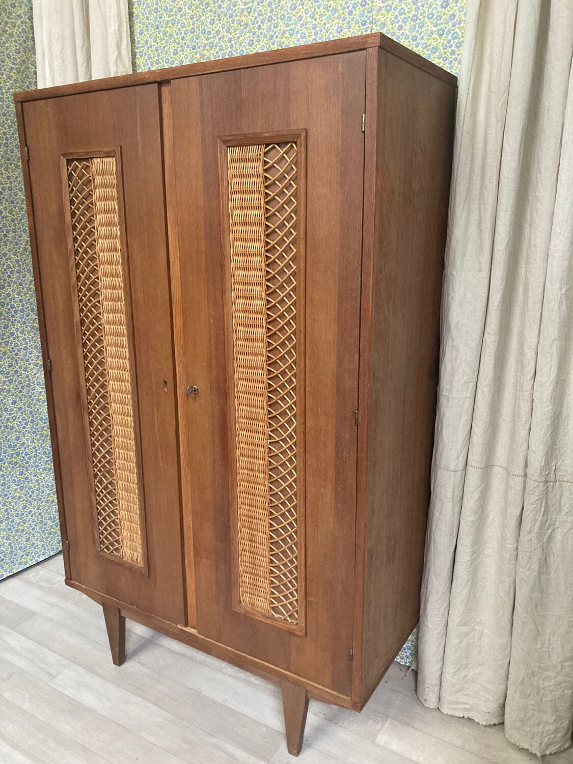 Vintage wood and rattan cabinet