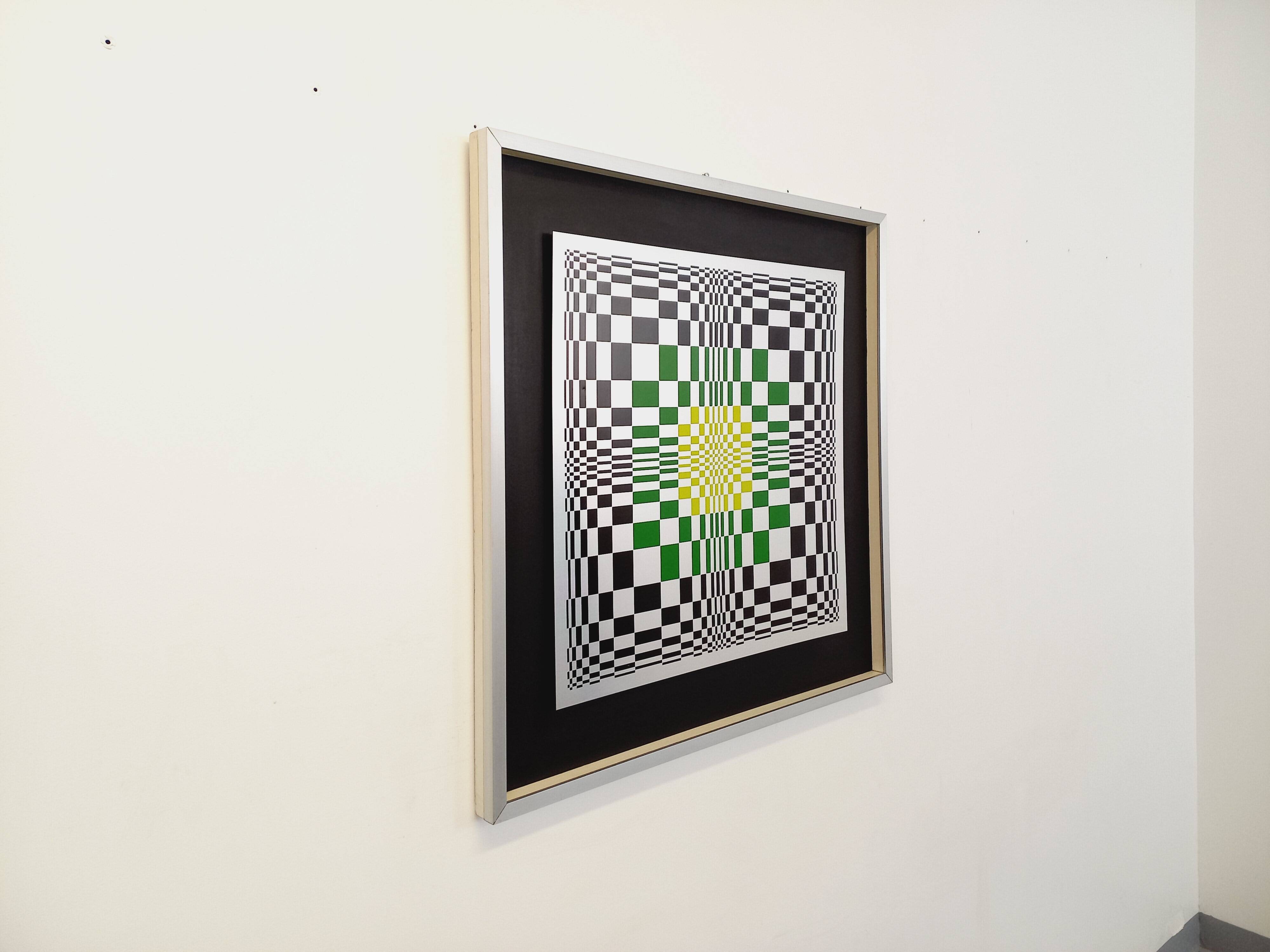 Typical silkscreen painting in kinetic checkerboard on aluminum, Italian abstract design in Vasarely style
