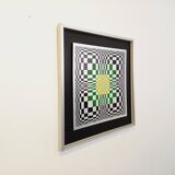 Typical silkscreen painting in kinetic checkerboard on aluminum, Italian abstract design in Vasarely style
