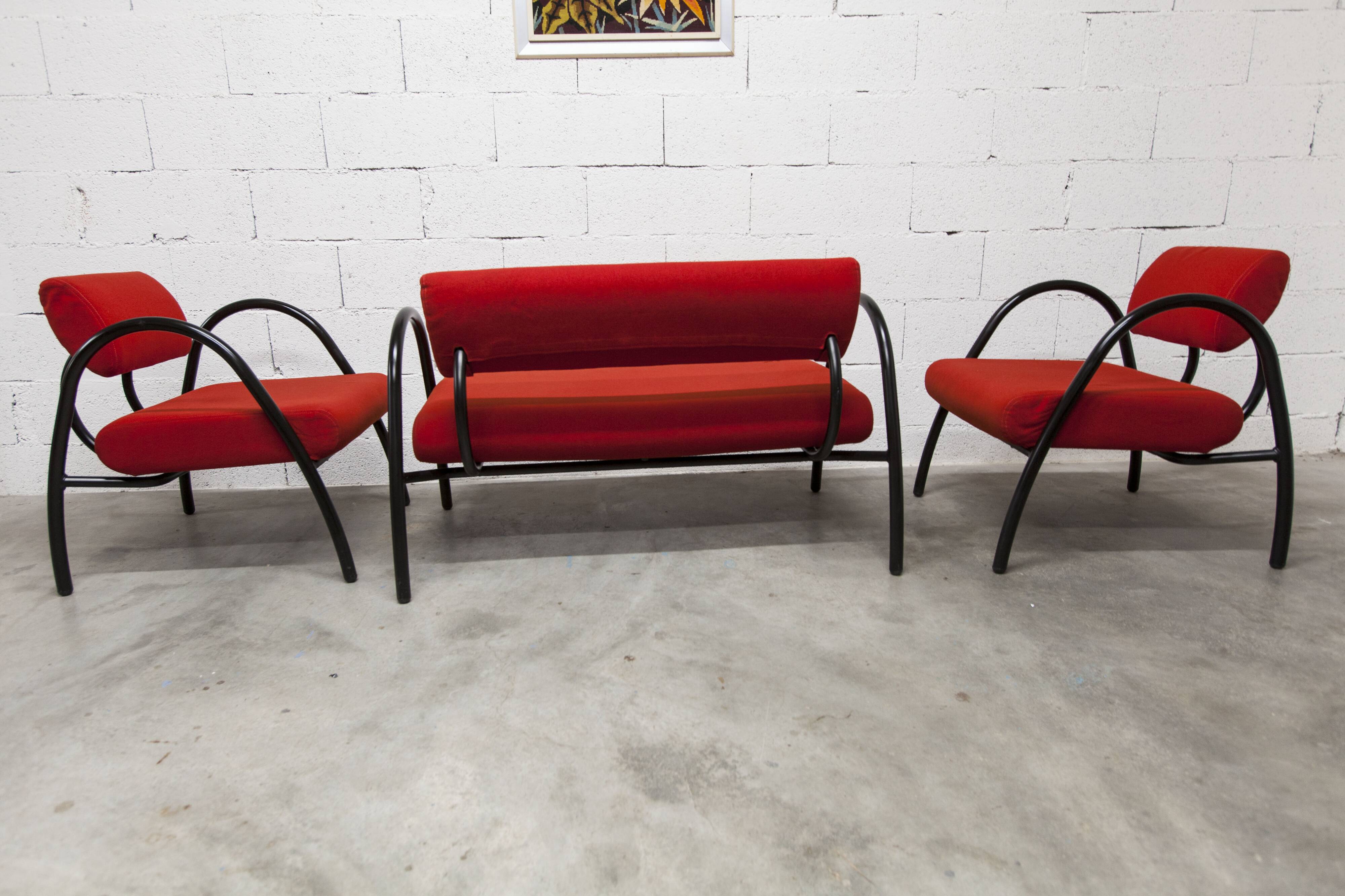 Sofa set with 2 designer armchairs 2001 red