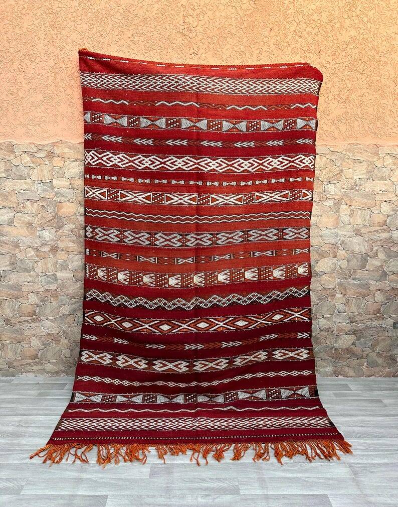Antique Zemmouri rug, flat woven Berber rug, handmade Moroccan rug, home decor