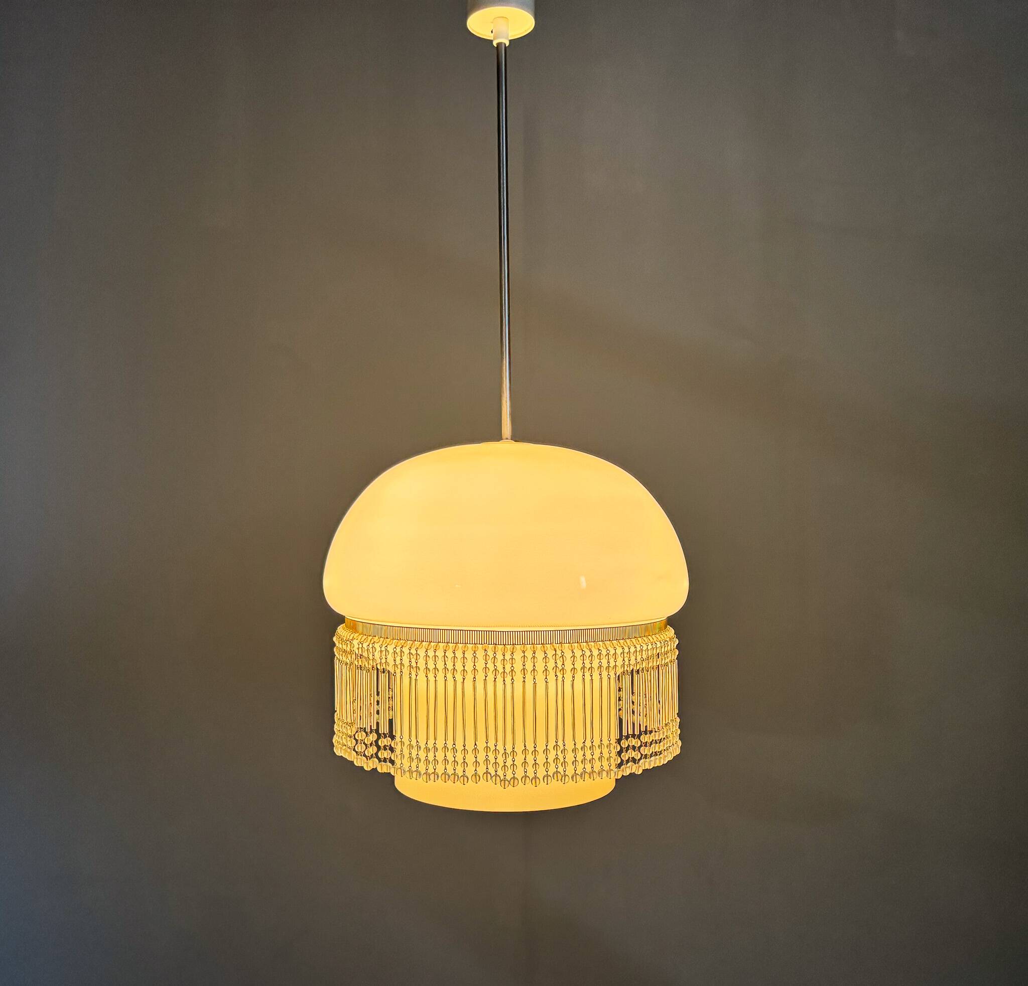 Mid-Century Opaline Glass Pendant Light with Brass Detail & Beads