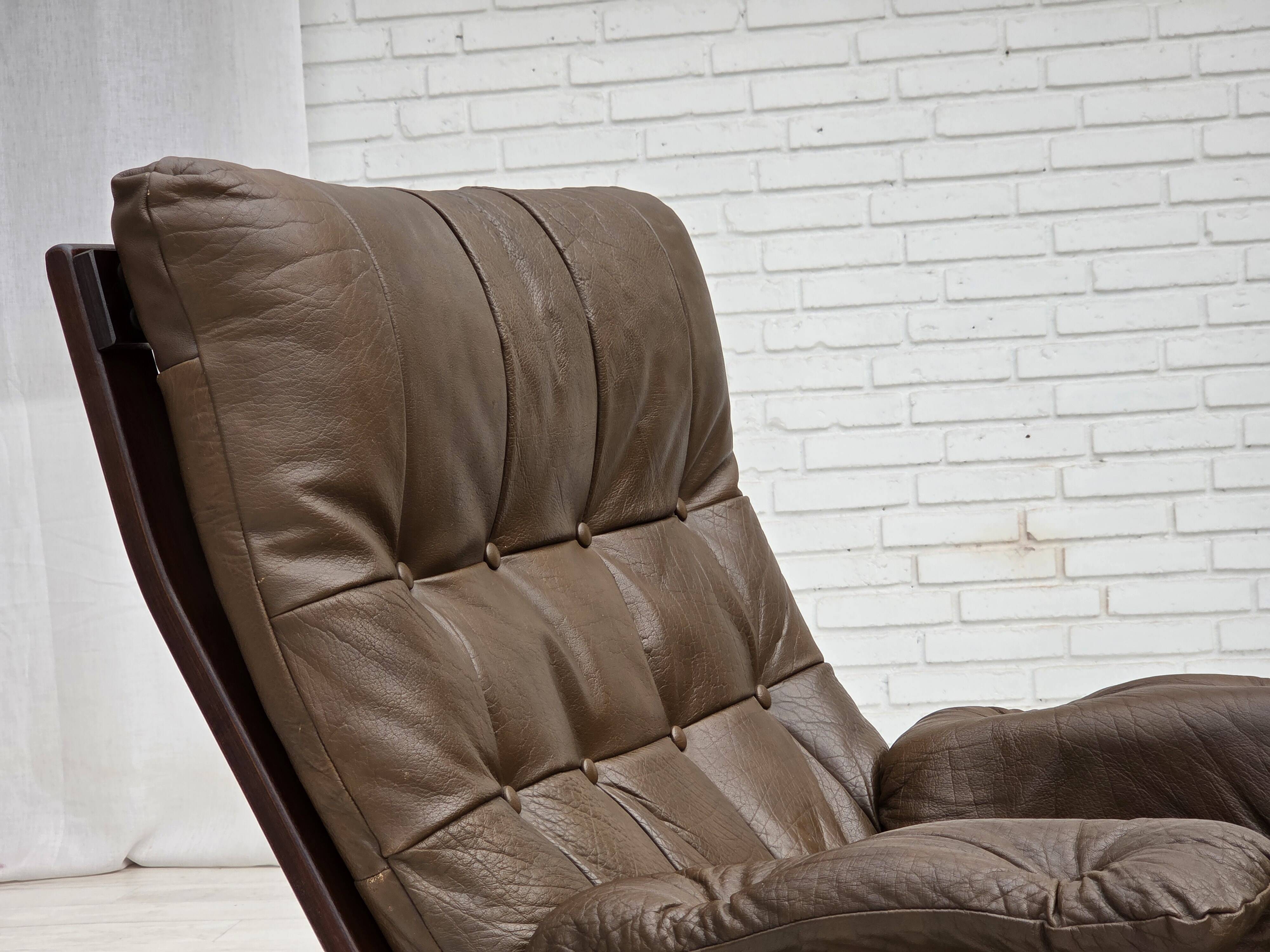 Fauteuil en cuir de meuble marron, années 1970, design scandinave,
