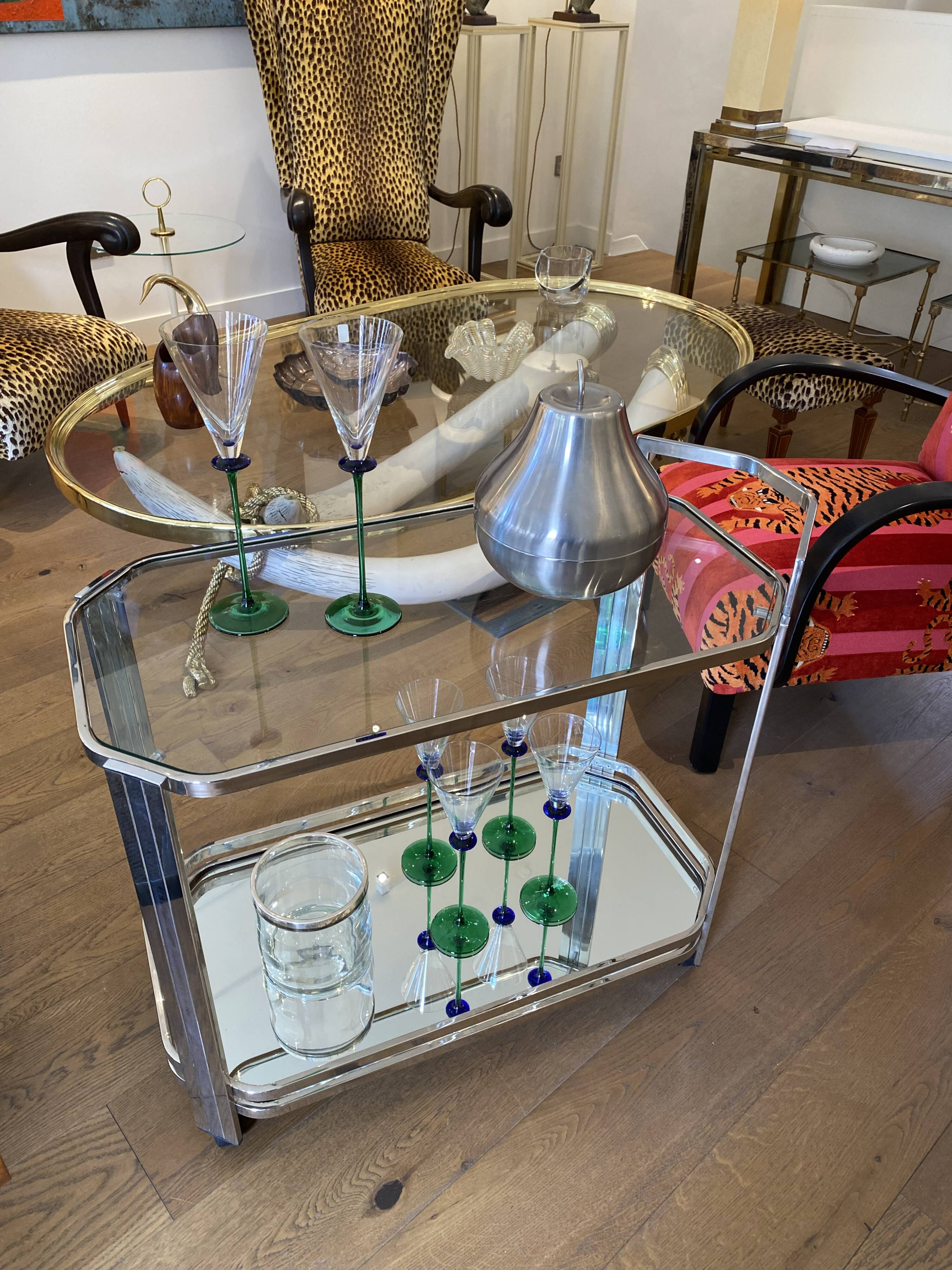 A Set of 6 Hand-blown Emerald Green Cobalt Blue Stem Champagne Flutes Art