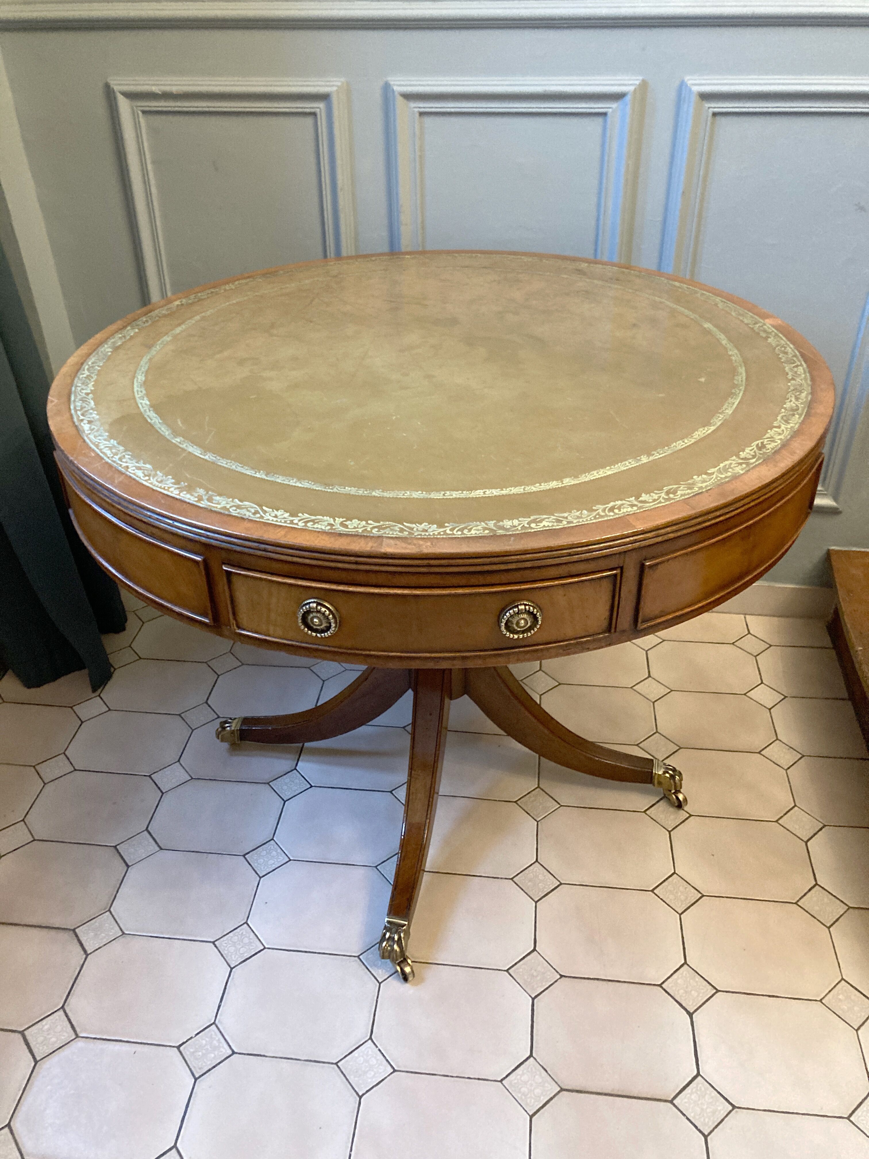 Old drum table 1900 cherry leather and brass