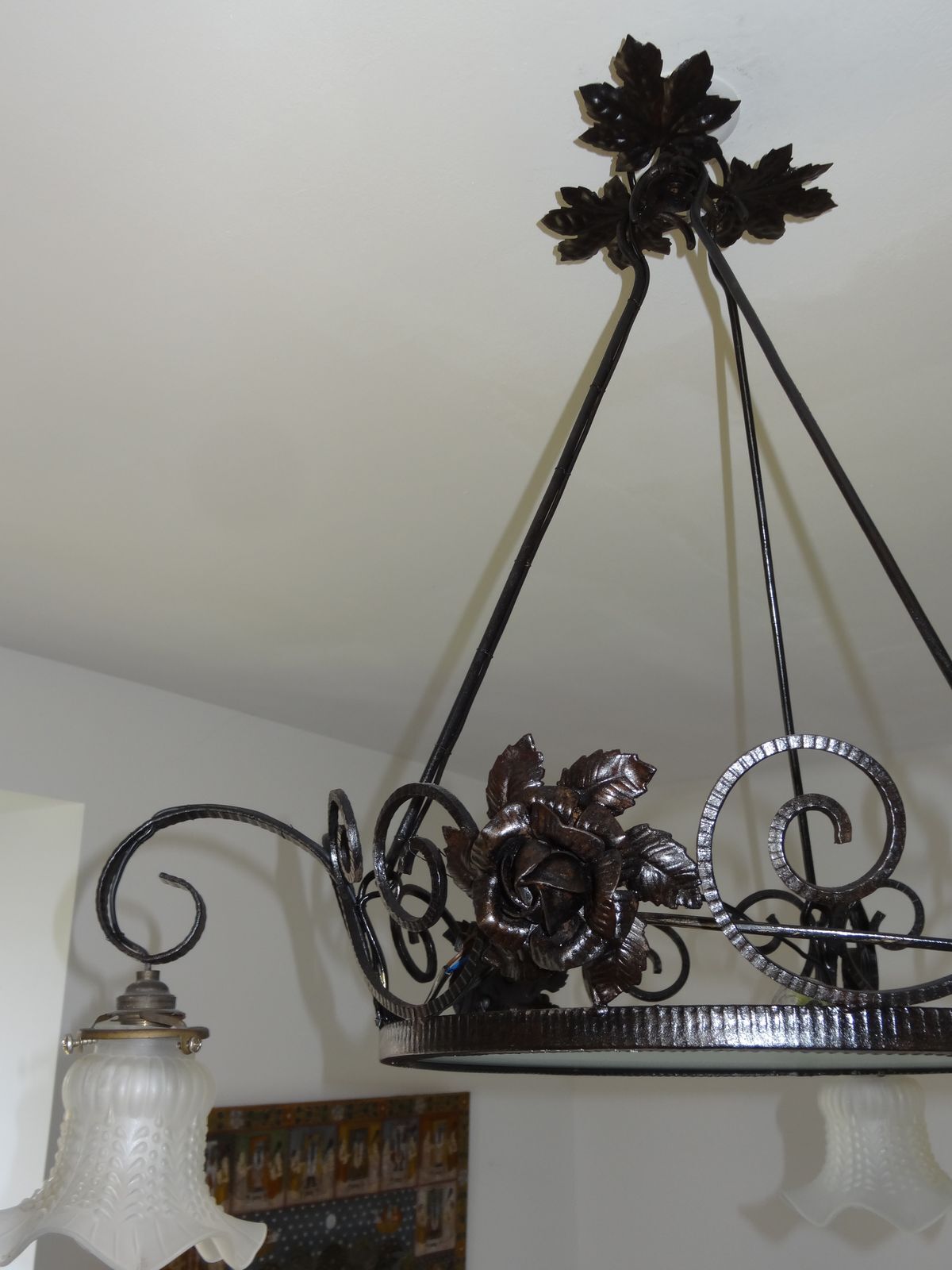 iron and opalin glass hanging lamp