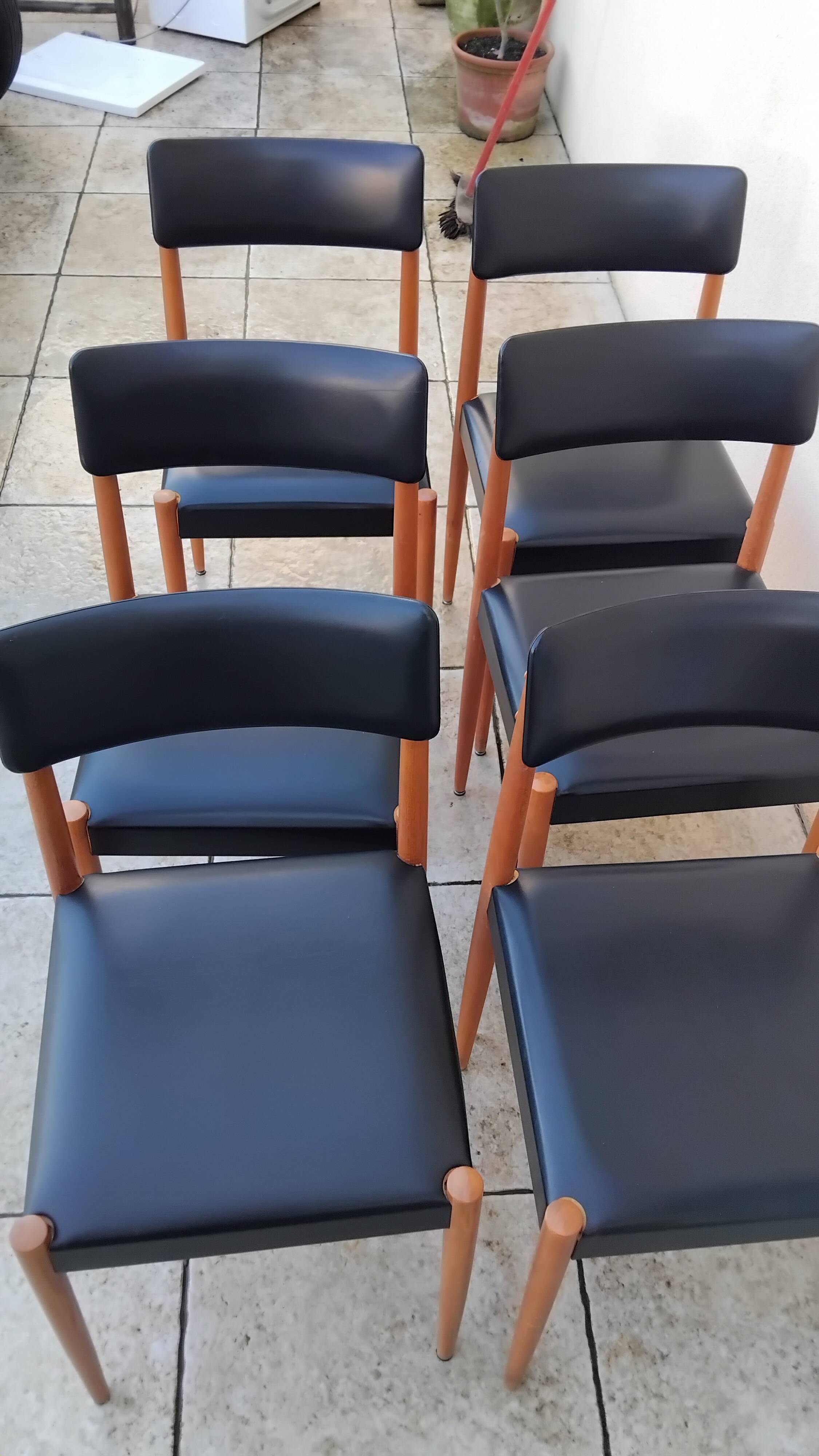 6 vintage faux leather and Scandinavian wood chairs