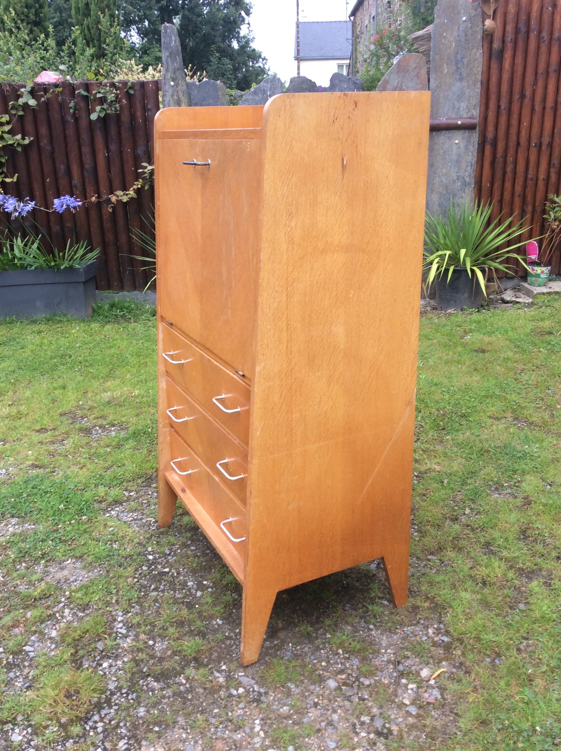 Vintage secretary in oak with compass base