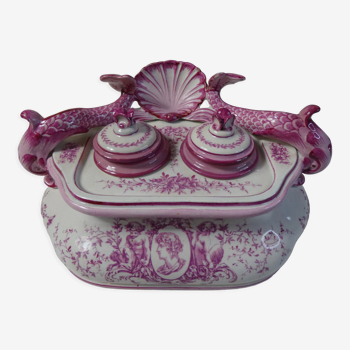 slip Gien rare inkwell dolphins in pink faience