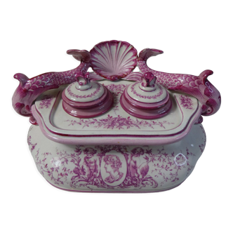 slip Gien rare inkwell dolphins in pink faience