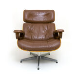Fauteuil lounge et ottoman en cuir et bois plié des années 60/70