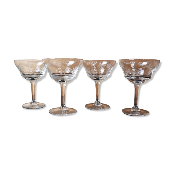 4 verres à cocktail vintage gravés motif fleur, années 50