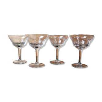 4 vintage cocktail glasses engraved with flower pattern, 50s