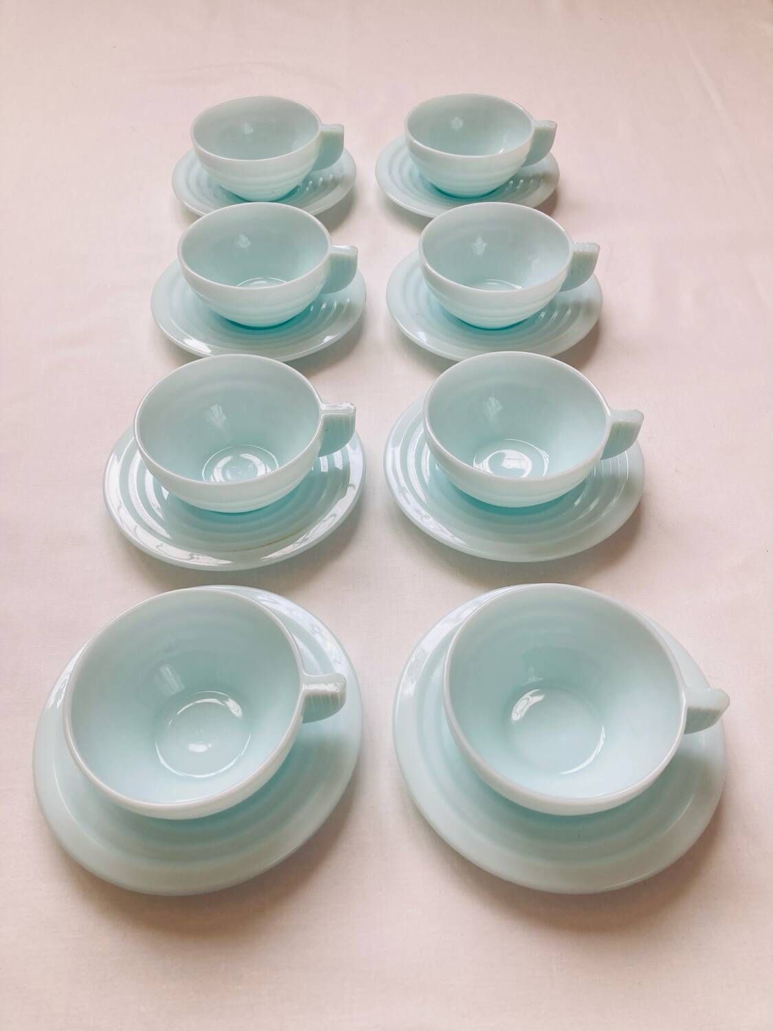 8 Art Deco Opaline Glass Coffee Cups and Saucers "The Economy"