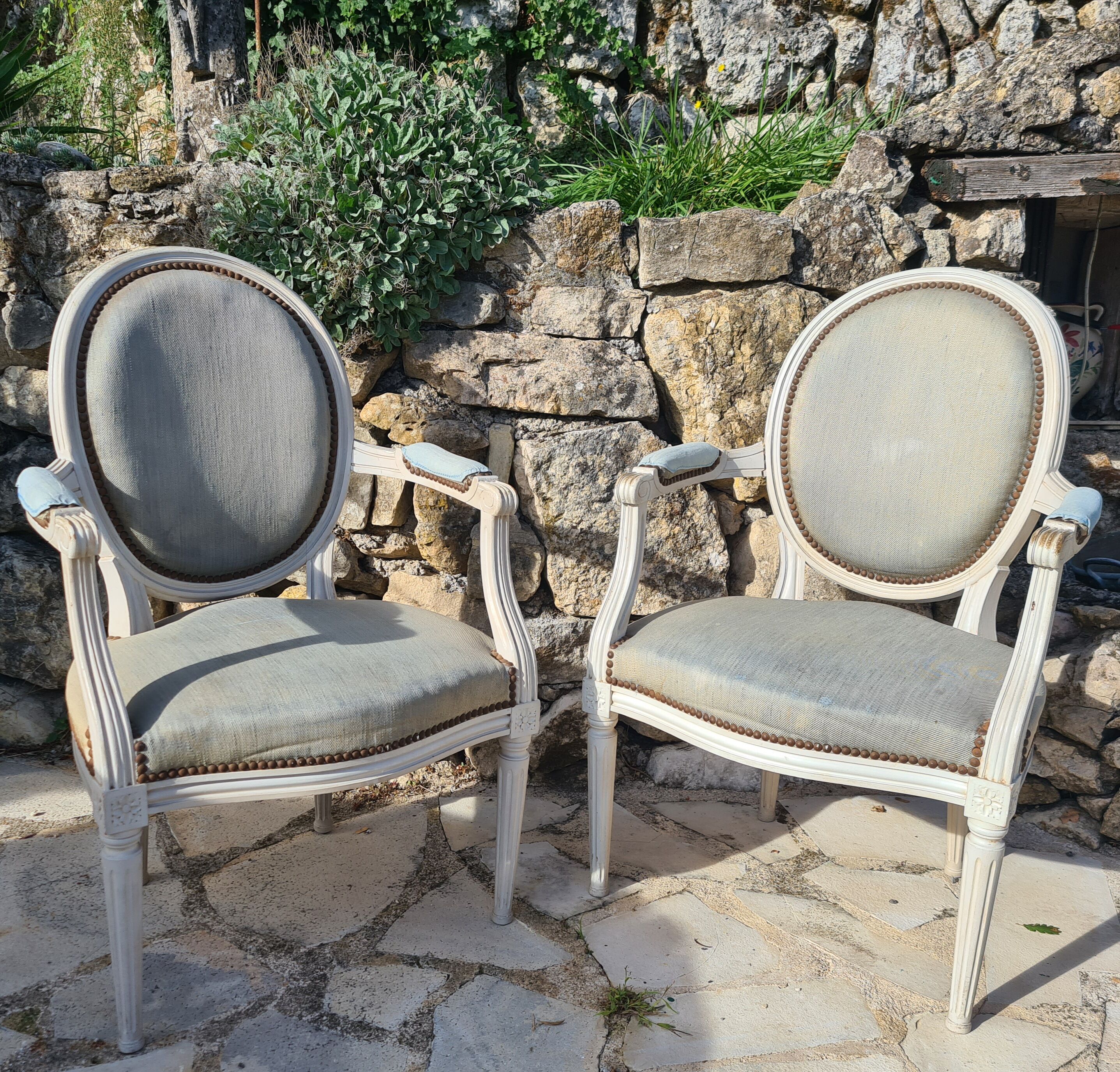 Pair of Louis XVI style medallion armchairs lacquered white
