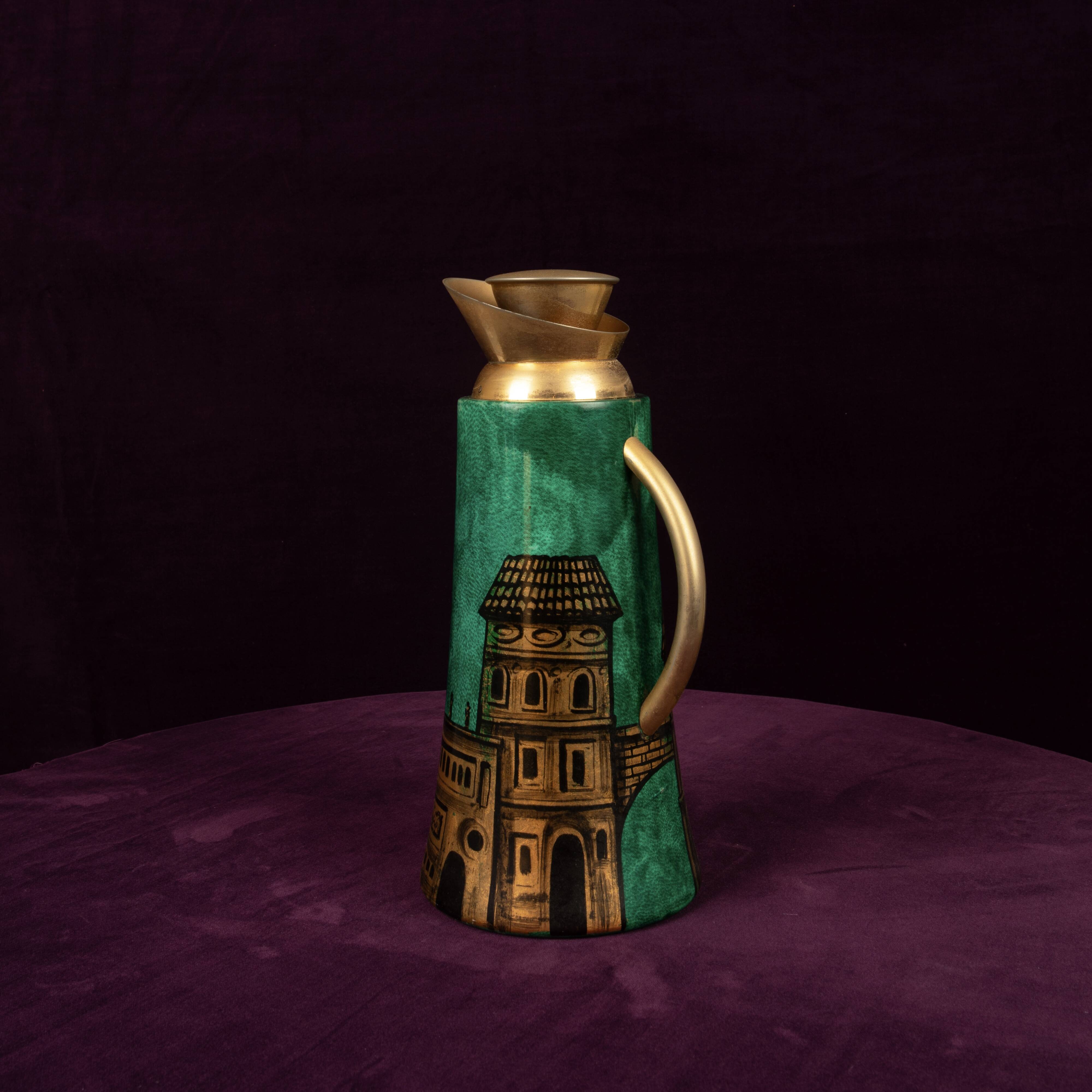 Aldo Tura Mod. 968D Hand-Decorated Green Goatskin Parchment Thermos Italy 1960