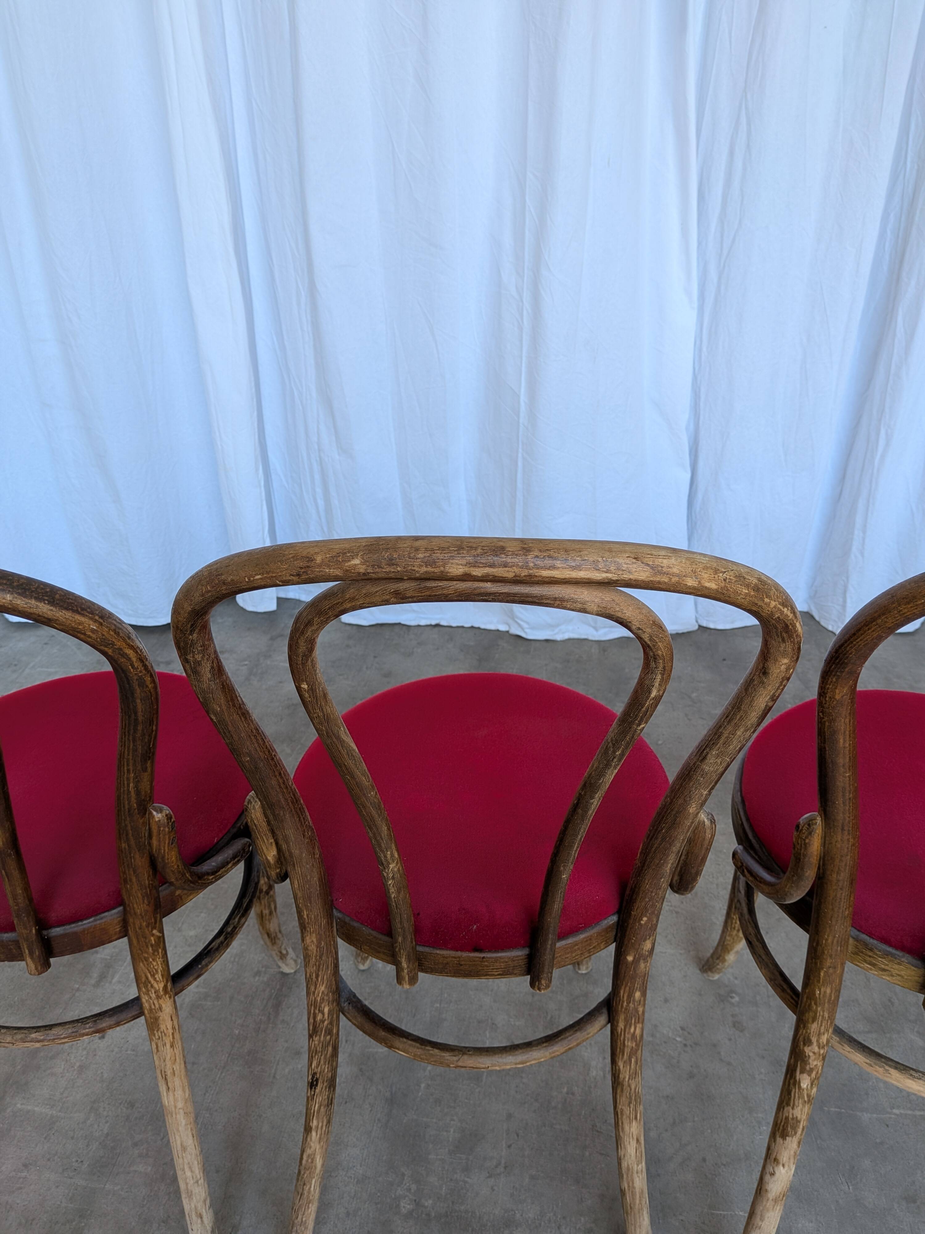 Set of 4 Vintage Bentwood Bistro Chairs, Red Upholstery