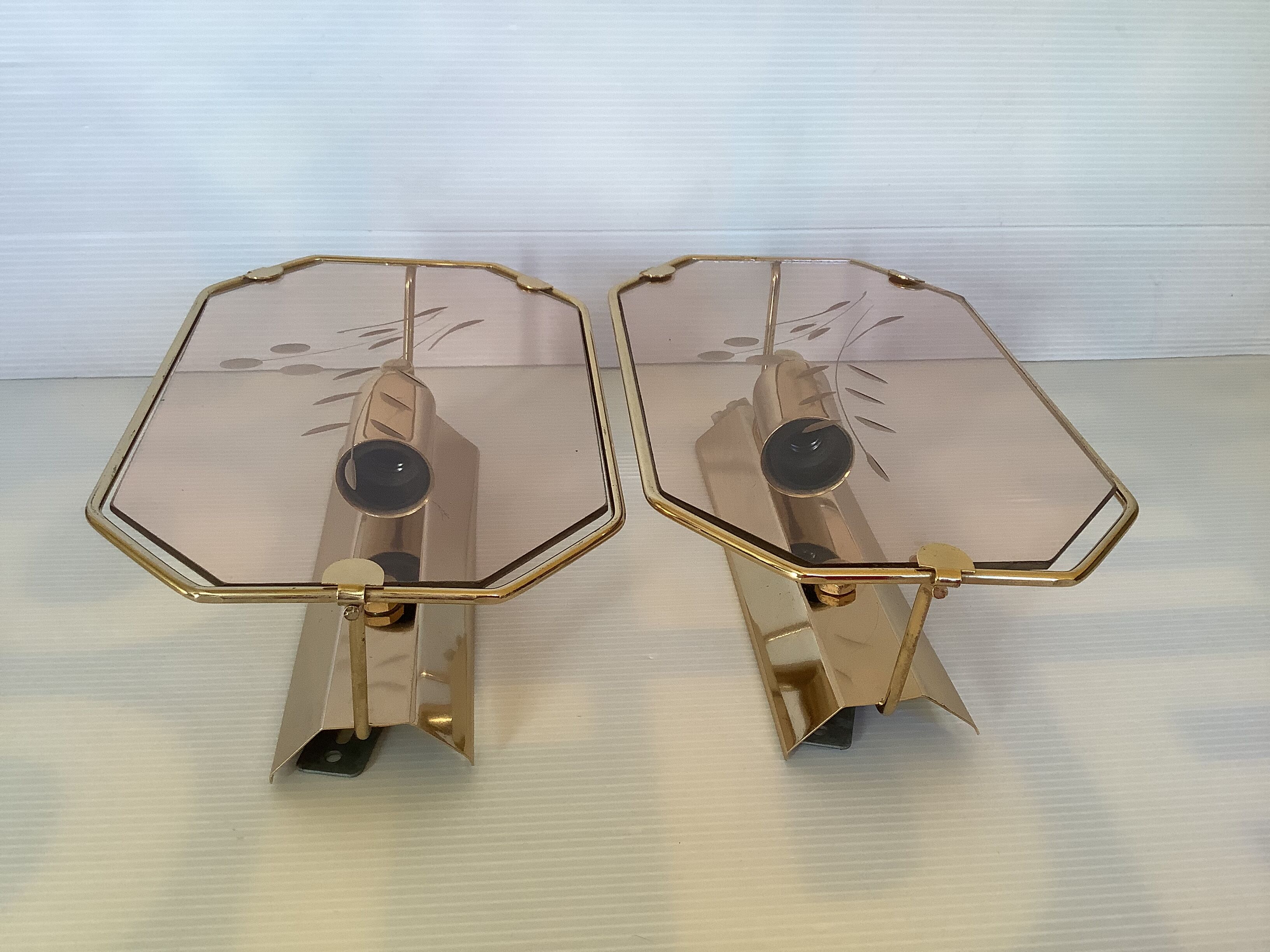 Pair of old brass wall lamps cut glass