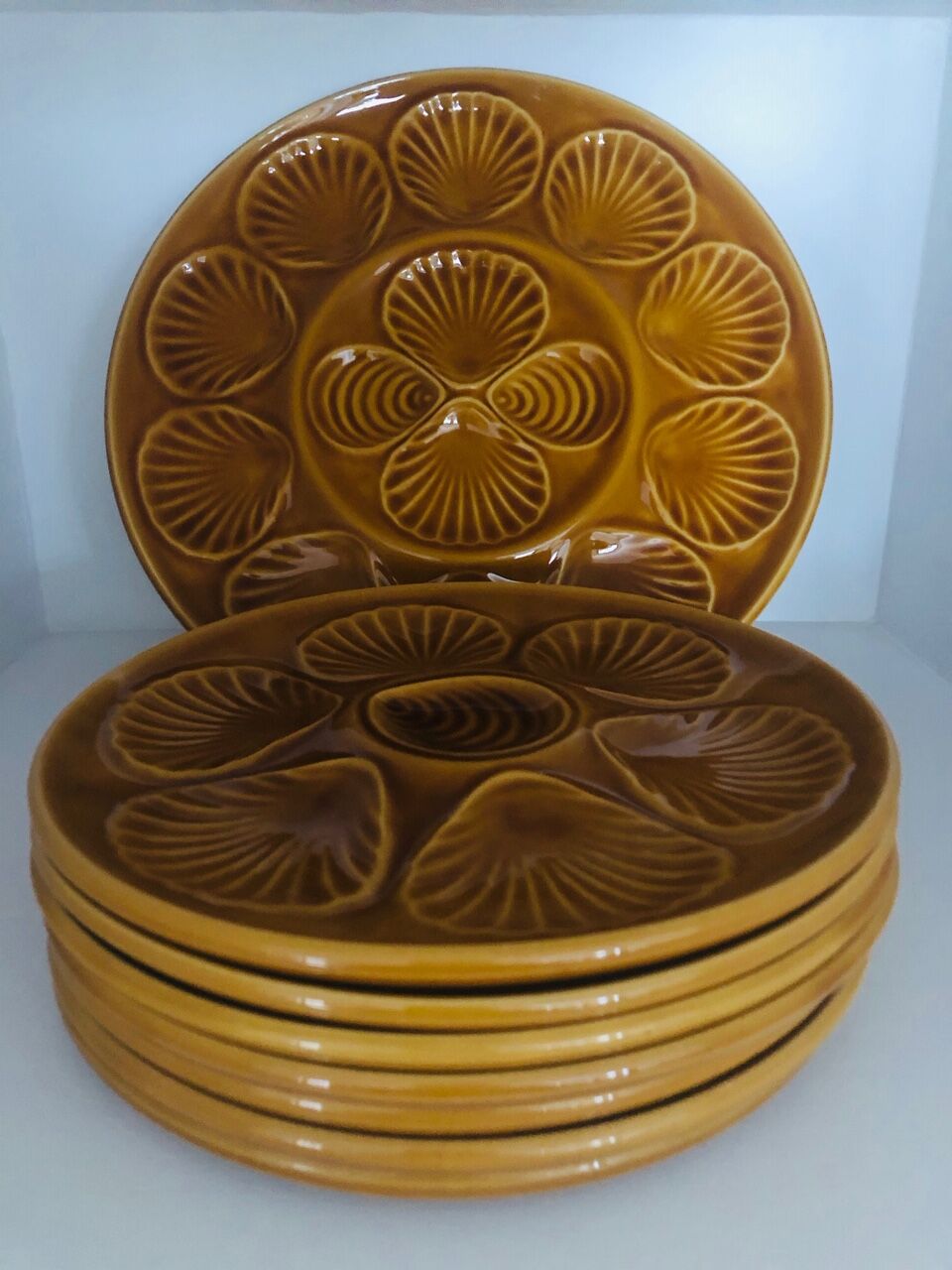 oyster plates and vintage earthenware dish, beautiful amber colour, impeccable condition