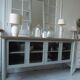 Buffet, desserte vintage réenchanté en vert de gris, plateau  bois.