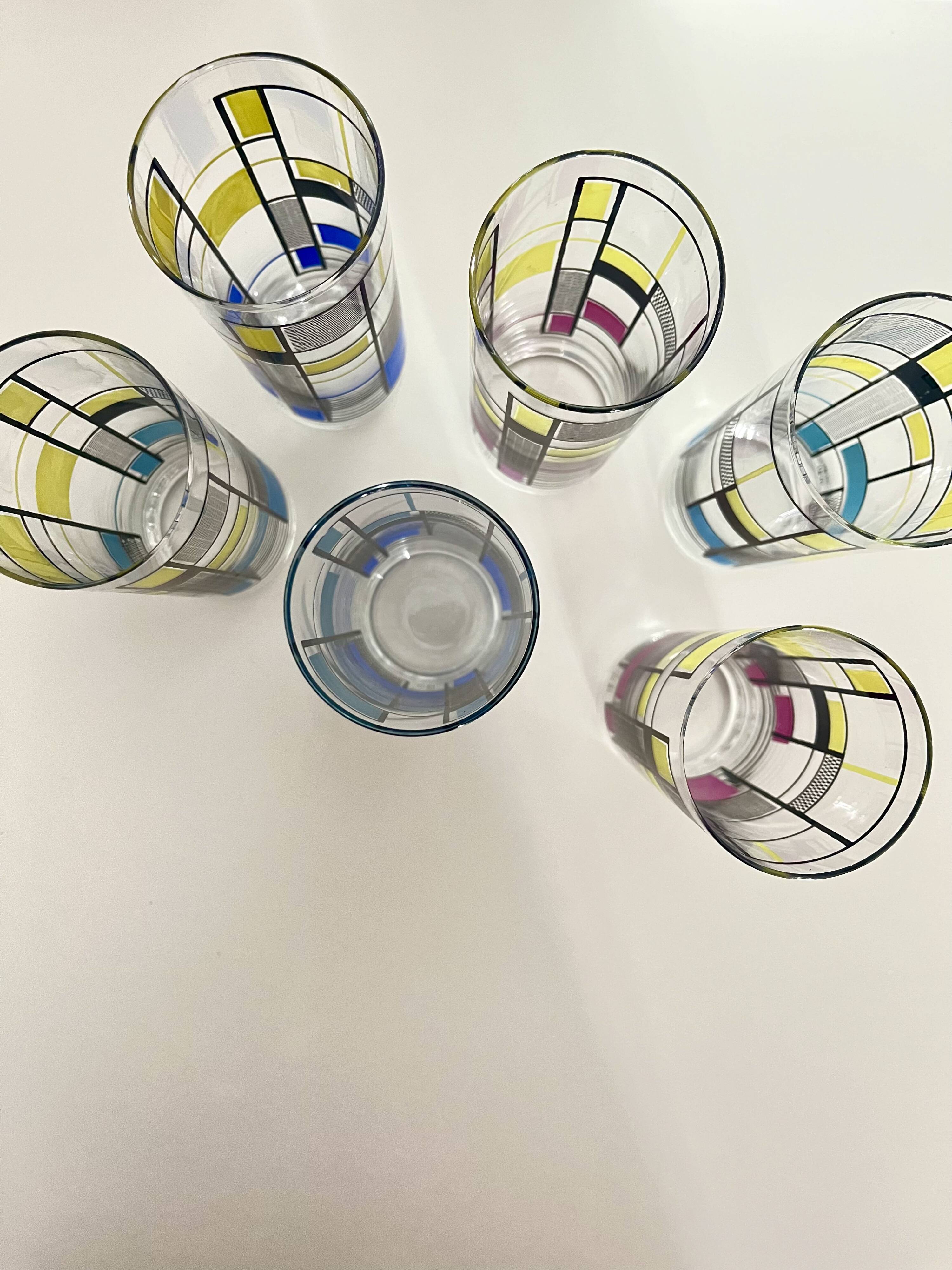 Set of 6 Vintage Hand-Painted Tall Glasses, USA 1950s-60s