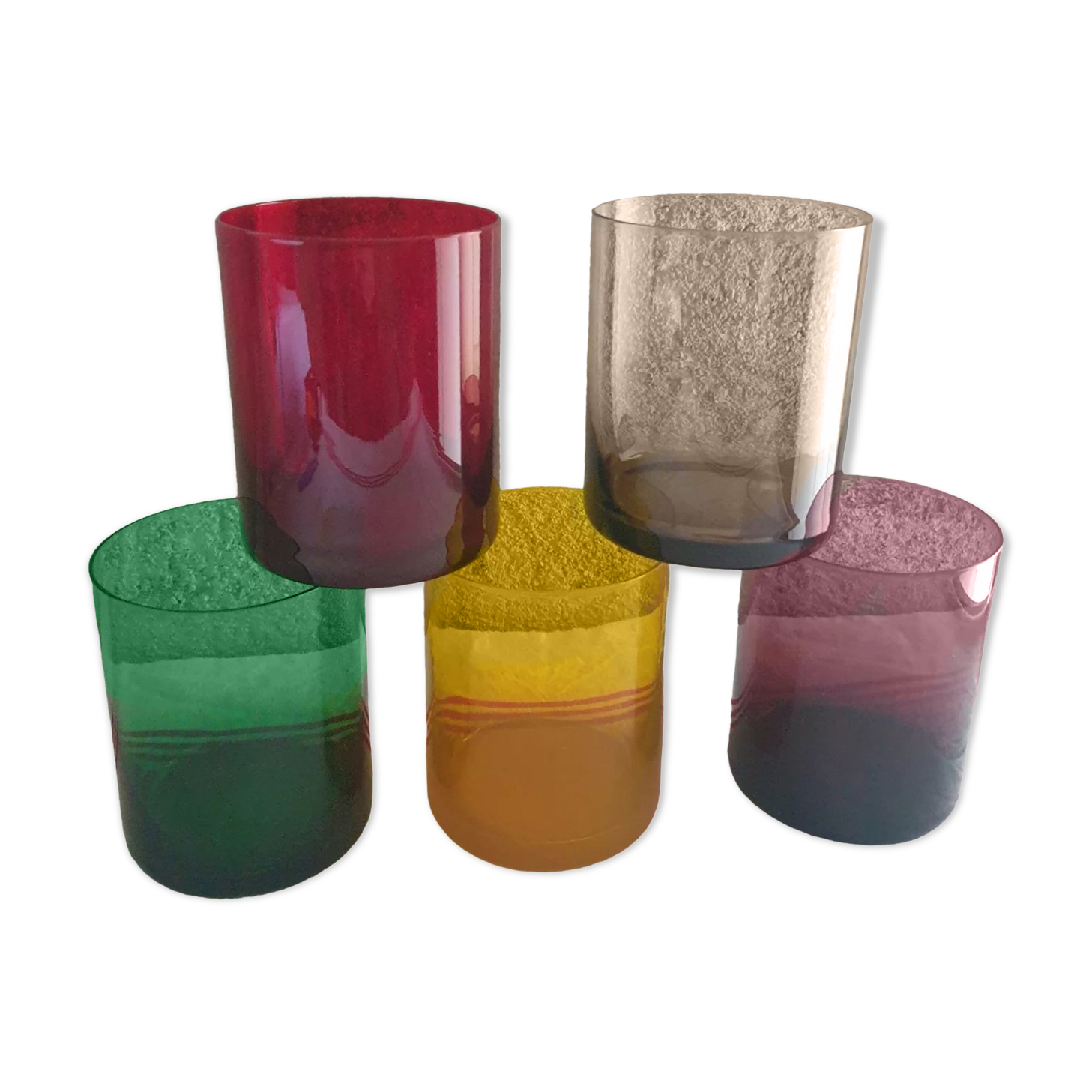 Set of 5 colored mouth-blown glasses 70's