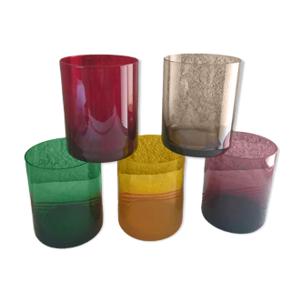 Set of 5 colored mouth-blown glasses 70's