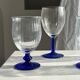 Set of 3 large blue stemmed glasses and 3 small blue stemmed glasses