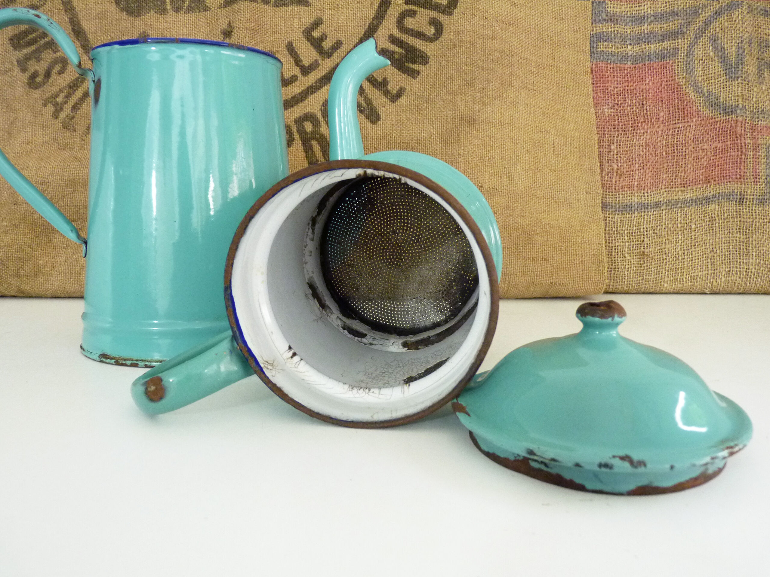 Old coffee maker in pastel blue enamelled sheet