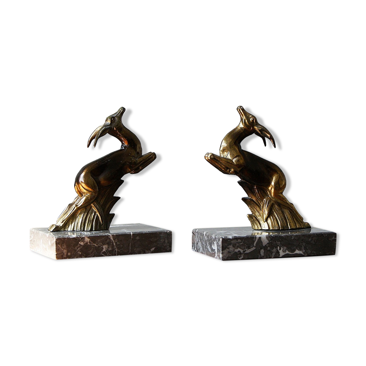Serre-livres art déco antilope sur bases en marbre, france, années 1930, ensemble de 2