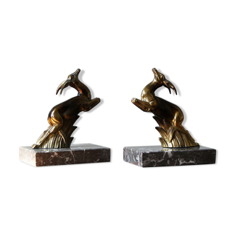 Serre-livres art déco antilope sur bases en marbre, france, années 1930, ensemble de 2