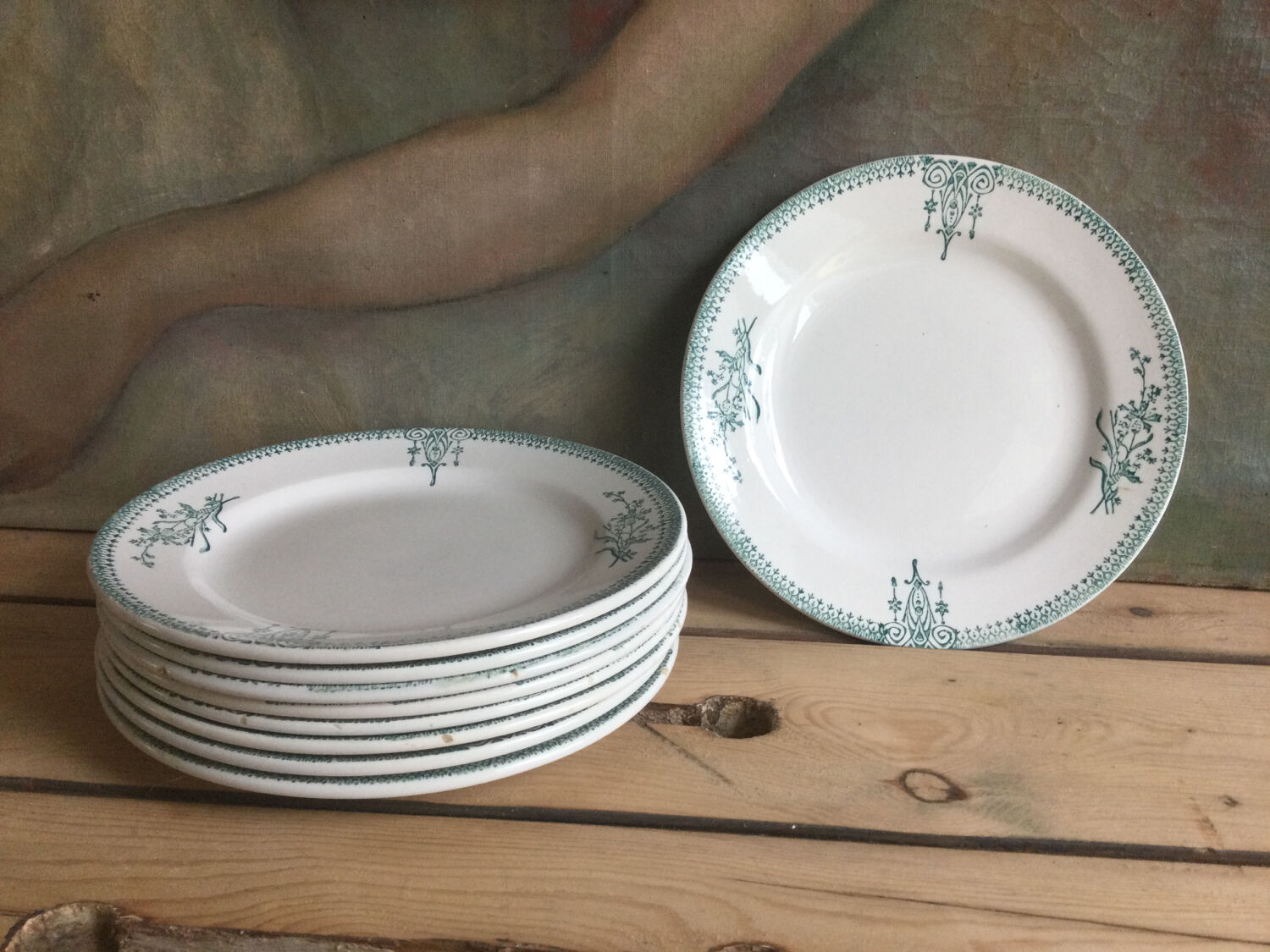 9 dessert plates Saint Amand 4003 art nouveau décor blue-green