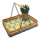 Rattan tray with handle and vintage flowers