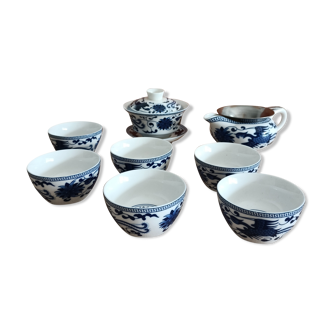 Service à thé chinois traditionnel Gaiwan en porcelaine bleu et blanc