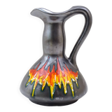 Vintage Italian mid-century iridescent black pottery vase/pitcher with red flame glaze, retro 1950s ceramic ornamental pitcher from Italy