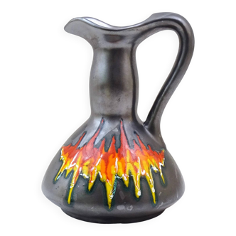 Vintage Italian mid-century iridescent black pottery vase/pitcher with red flame glaze, retro 1950s ceramic ornamental pitcher from Italy