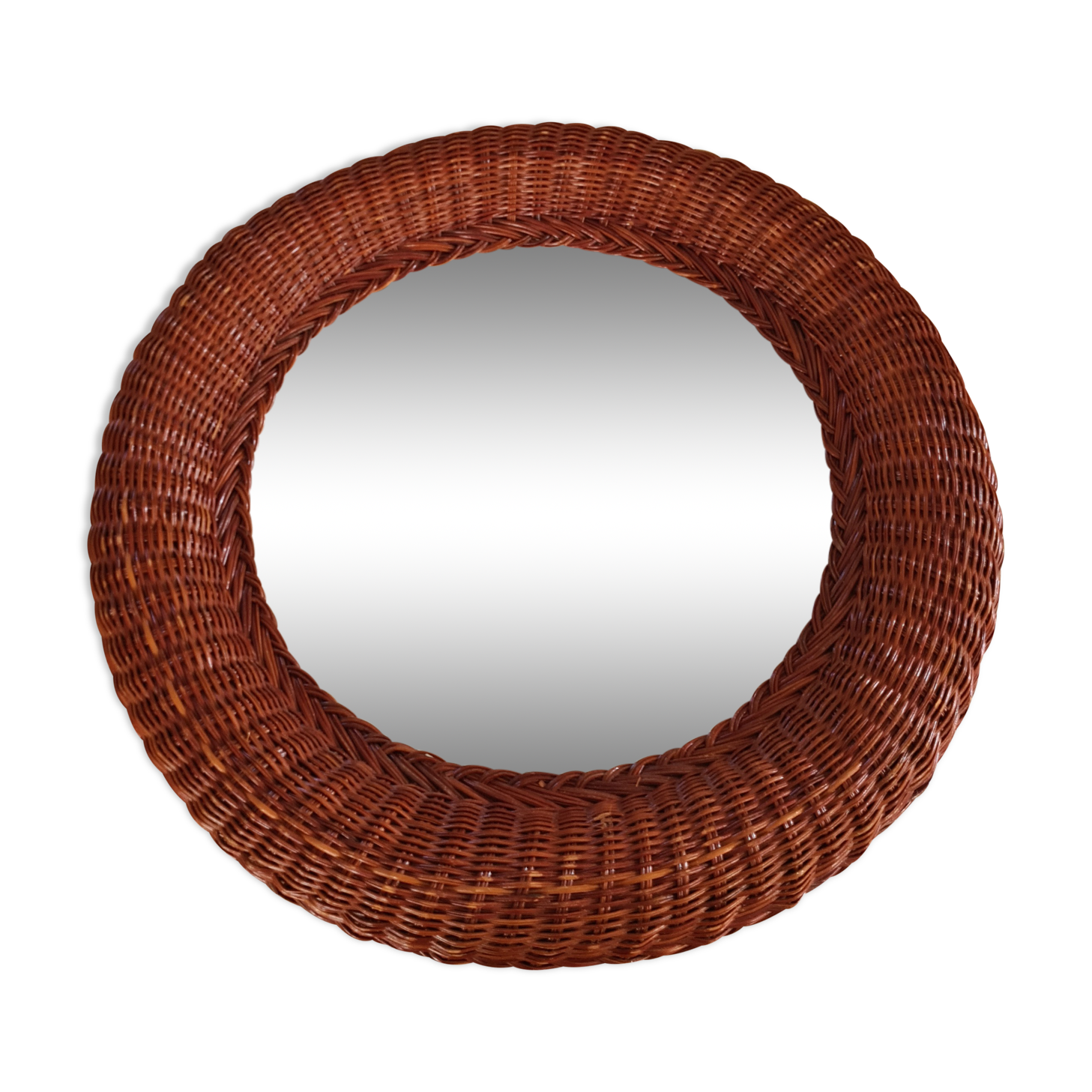 Ancien miroir rond en rotin des années 80