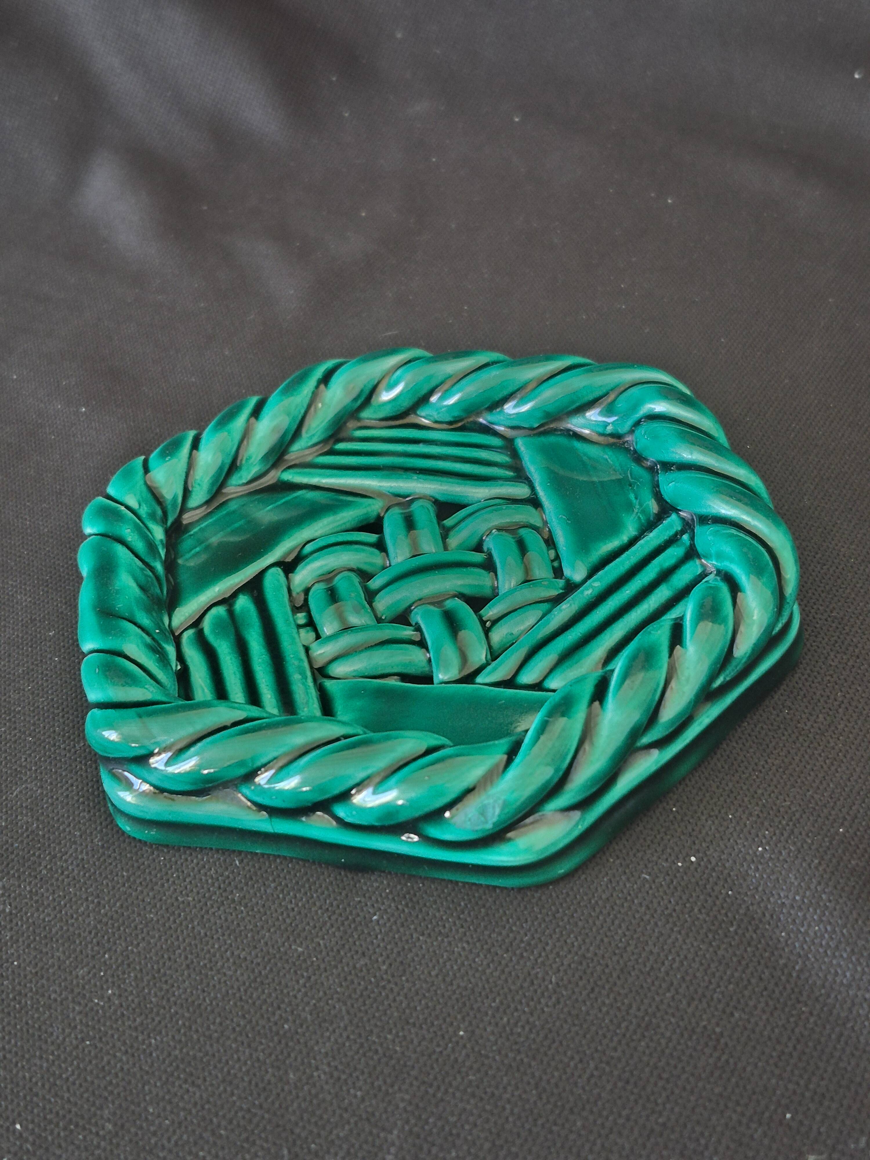 Varnished ceramic trivet from Vallauris and 2 bottle coasters.