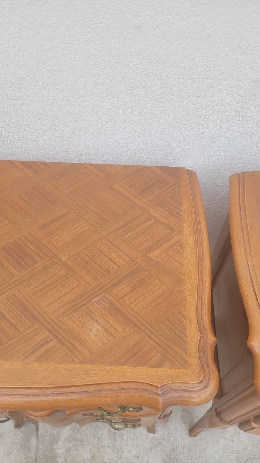 Pair of Louis xv style bedside tables in cherry wood, 3 drawers