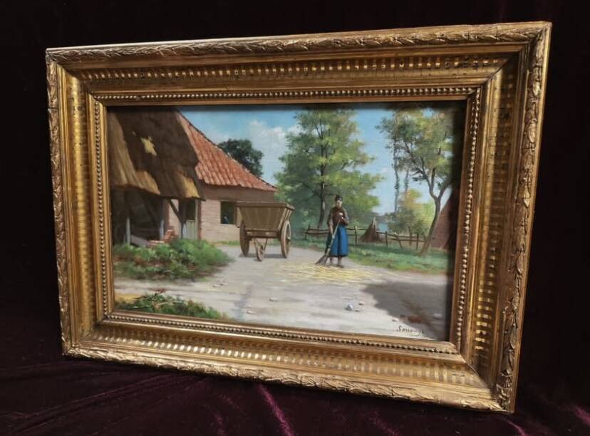 Antique oil painting, french barbizon school, wooden frame